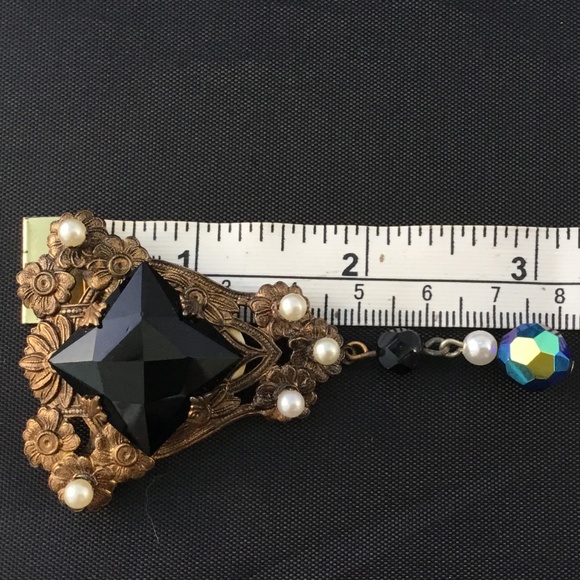 Vintage Pin Brooch Jet Pearls Gold Tone 3" long - Picture 6 of 7